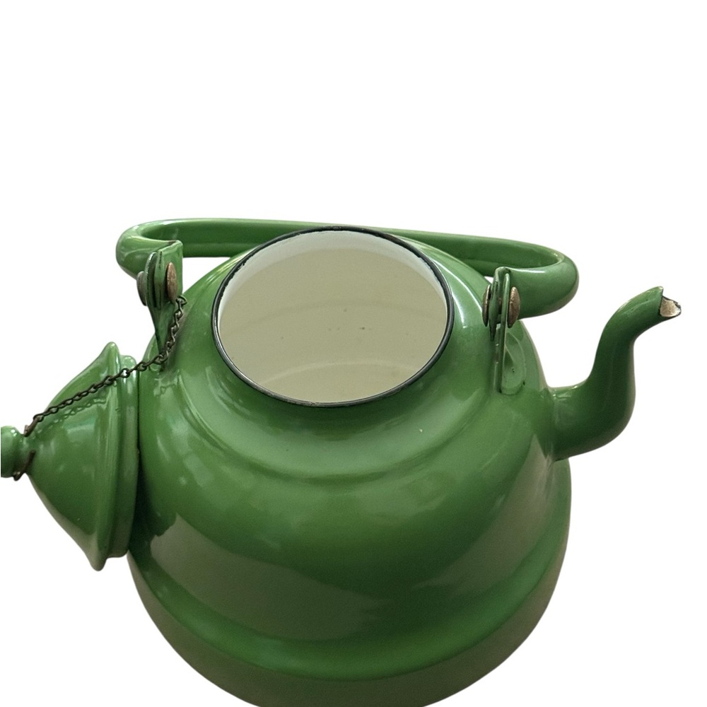 VTG Yugoslavia 16 Green Enamel Ware Granite Teapot Metal Rustic Decor Farmhouse - Picture 3 of 7